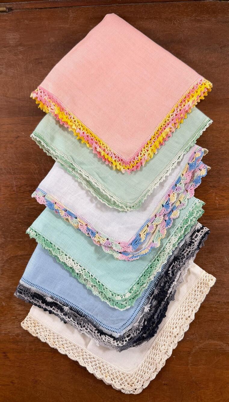 Vintage Pastel Handkerchief Lot of 6 Crochet Edge Lace Trim Ladies Hankies